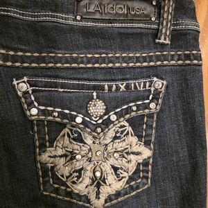 L.A. idol Dark Indigo Boot Cut Jeans with Embroidered Rhinestone Pocket